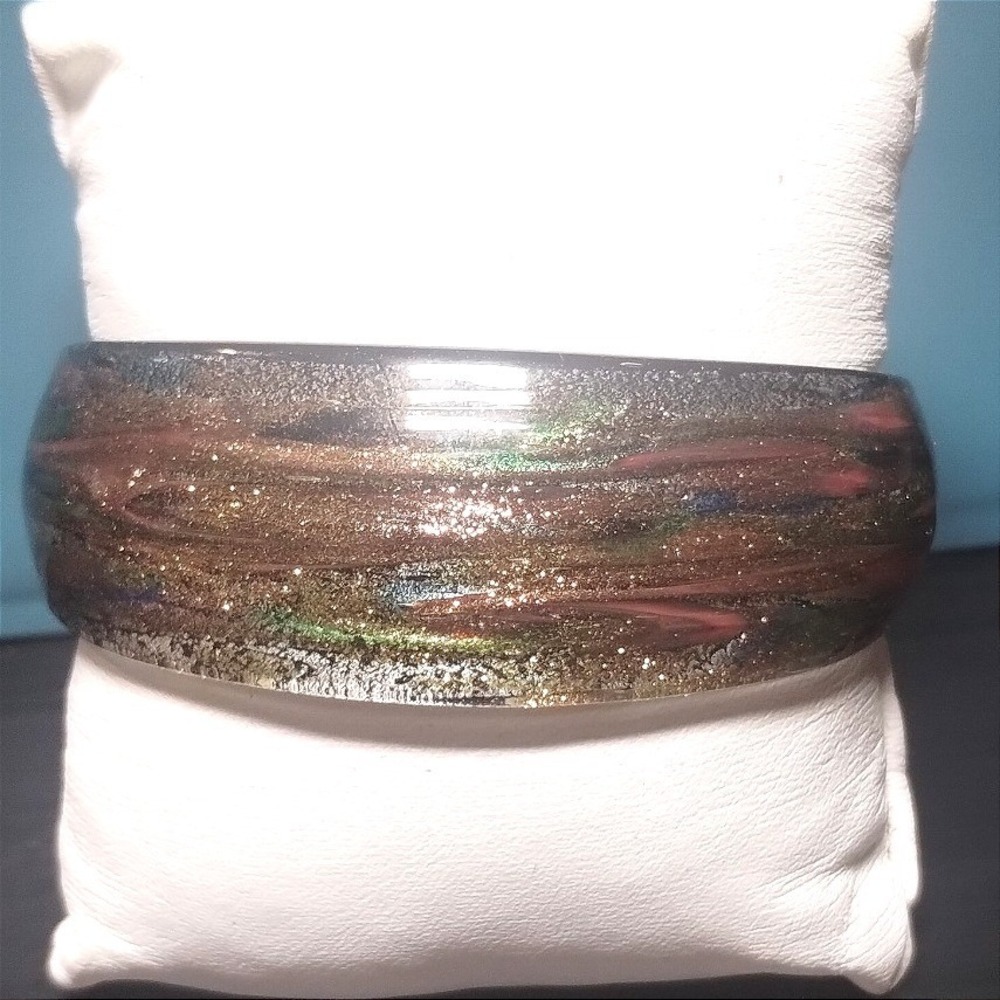 Pier 1 Imports Art Glass Cuff Bracelet Multi Color Glitter Swirl Artisan Boxed